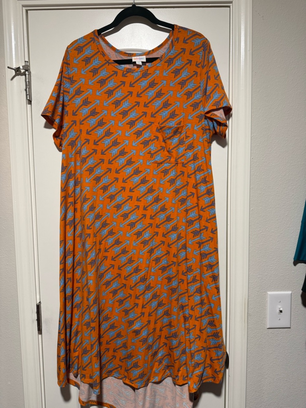 LuLaRoe Orange Midi Dress with Blue Geometric Print
